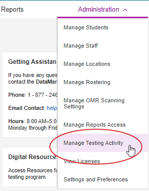 Administration menu: Manage Testing Activity selection