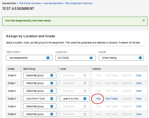 Test Assignment details--Assign by Location and Grade page