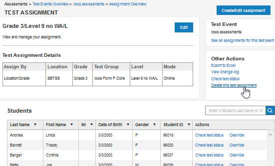 View Test Assignments page
