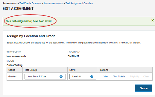 Confirmation of test assignment edits