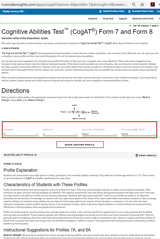 Interactive Ability Profile Interpretation System for selected score