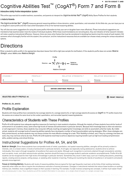 CogAT Interactive Ability Profile Interpretation System and suggestions for instruction