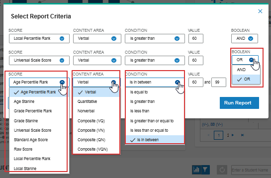 All drop-down values available on the Select Report Criteria box