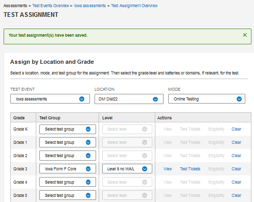 Saved Assignment page