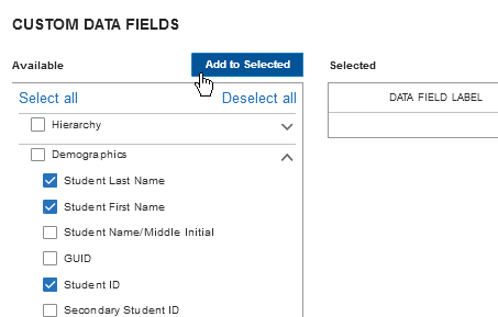 Custom data fields selected