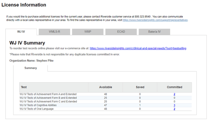 WJIV Test Balance summary