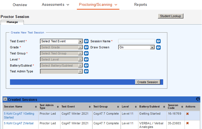 Proctor Session page for Teachers and Admins