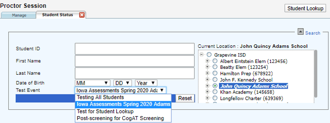 Student Status page search fields
