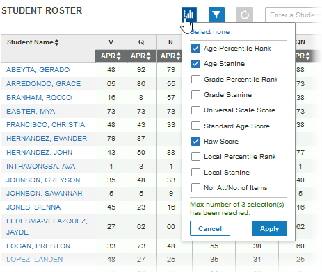 Selecting standard scores for the student roster display