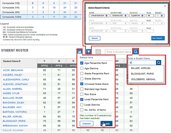Search and filter options on the Student Roster report