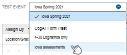 Test event selection list
