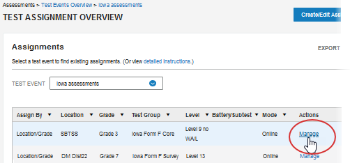 Test Assignment Overview page - click the Manage text link