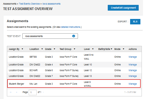 Test Assignment Overview page with student override item outlined
