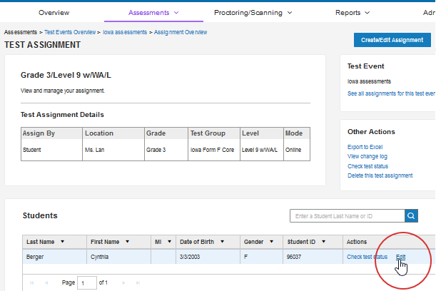 Test assignment override details page