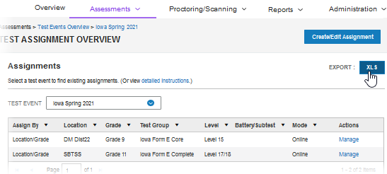 Test assignments overview, initial view