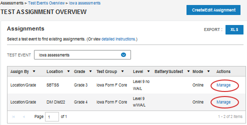 Test Assignment overview page, select Manage link