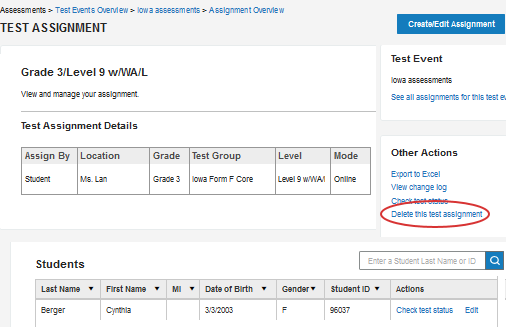 Test assignment override details page
