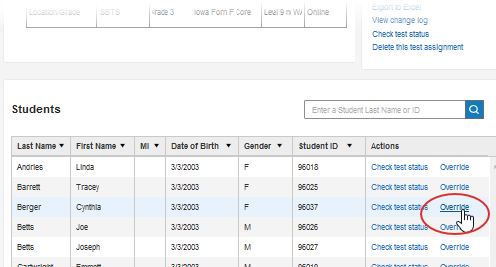 Test Assignment details page for student override