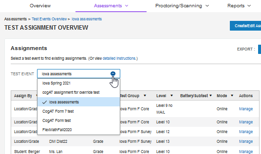 Test Assignment Overview page for exporting assignments