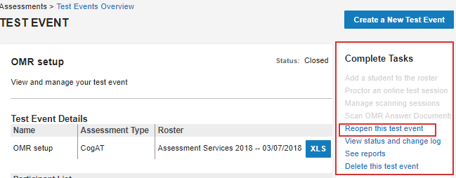 Update Student Records - Test Event Details page