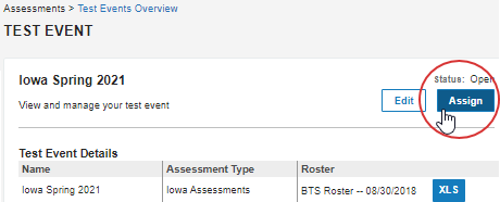 Test Event Details page, Assign button