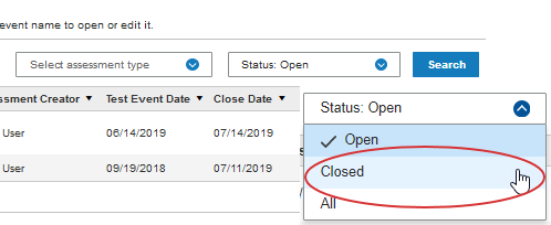 Select Closed Test Events on the Test Event Overview page