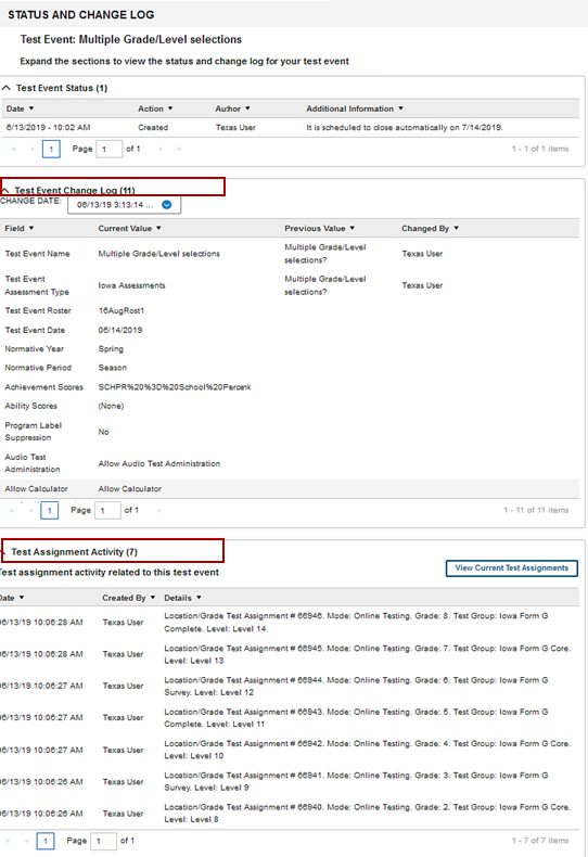 Status and Change log for test Events