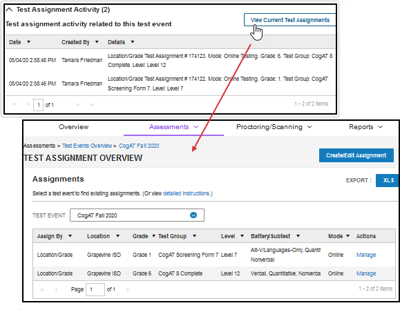 Test Event log to View Test Assignments page