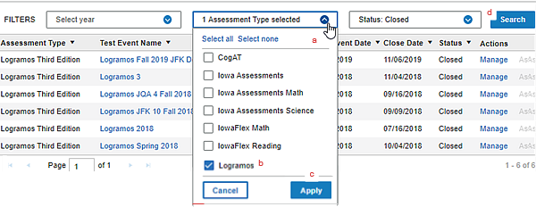Test Events Overview page, filter by assessment type