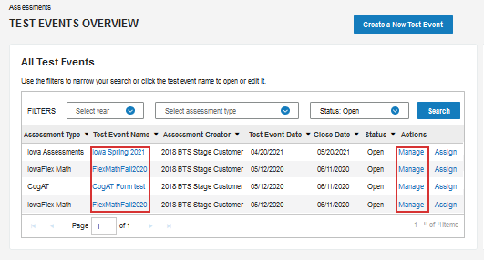 Test Events Overview page--links to event details
