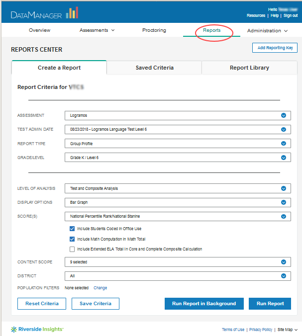 Reports Center: Create a Report tab