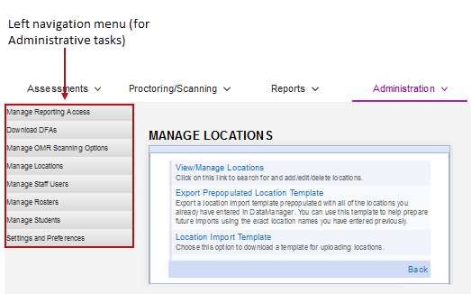 DataManager page layout: navigation menu