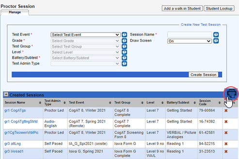Print test session icon on Proctor Session page