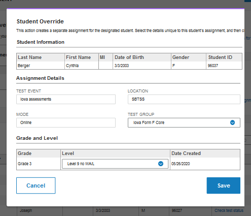 Student Override modal