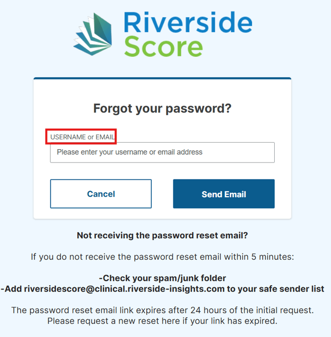 Riverside Score forgot your password page
